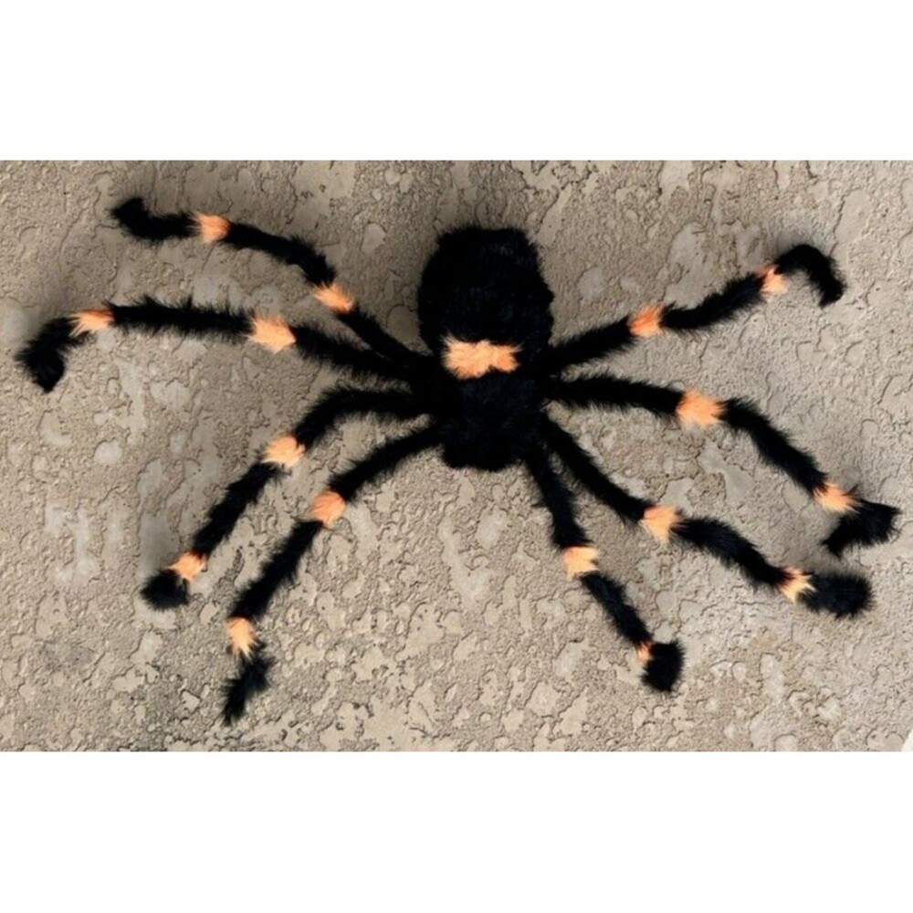 Vintage Halloween Spider Huge Posable Hairy Black & Orange Hanging Decor 30" Lrg